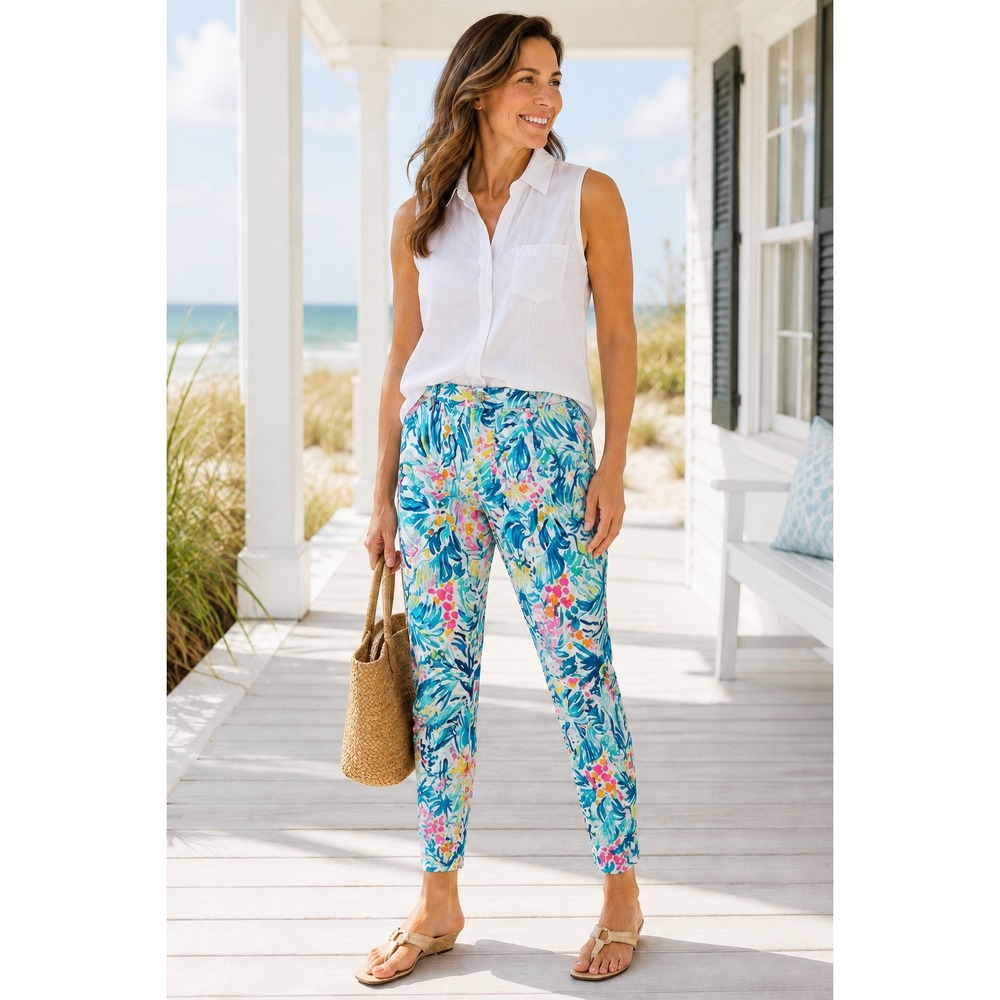 Lilly Pulitzer Kelly Skinny Ankle Pants Tropical Floral Jacquard Blue Pink Sz 2